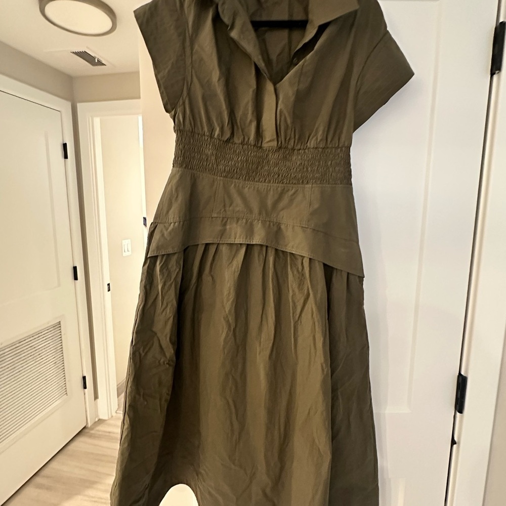 Tuckernuck Army Green Cameron Pleated A-Line Midi Dress with Notched Collar